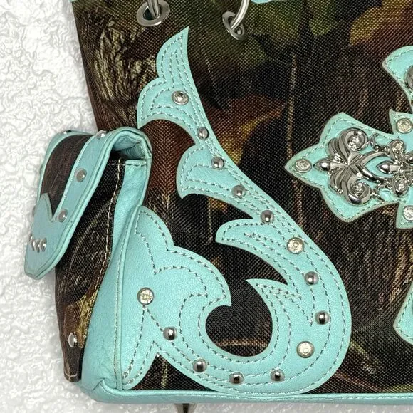 Heritage West Blue Green Camouflage Rhinestone Cross Western Double Strap Purse - Picture 4 of 13